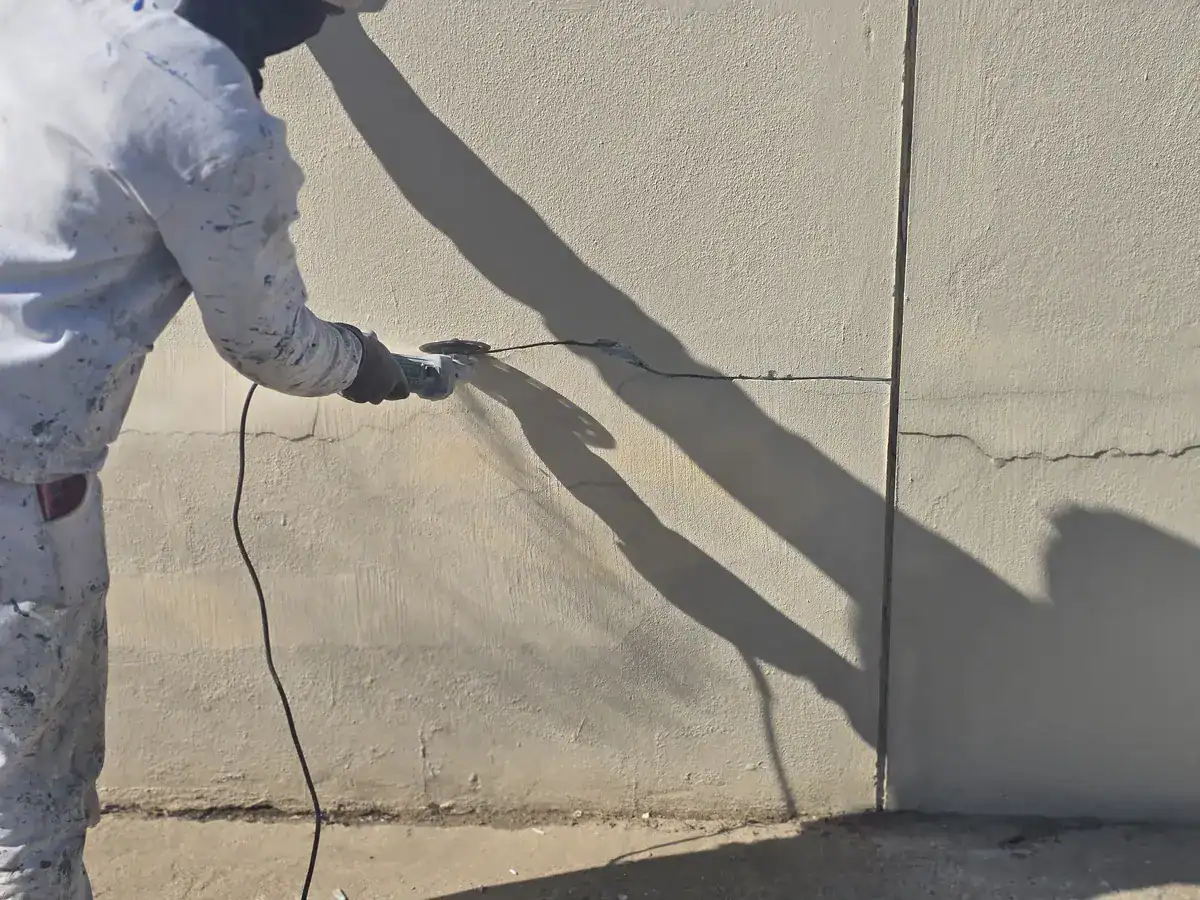 Painter grinding open an exterior wall crack before repairs and repainting at a Bel’Aire Estate home in Somerset West
